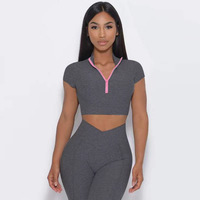 Lcool 2022 Ensemble de sport deux pièces modeste et personnalisé pour le dropshipping : Brassière de sport asymétrique et Legging froncé à effet push-up avec découpe en V