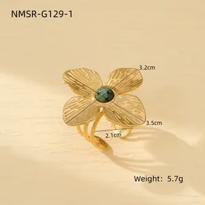 2024 Women's Golden Flower 18K Gold Plated Stainless Steel Open Ring Adjustable Daisy Balls Exaggerated Wedding Engagement