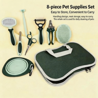 Kit de toilettage pour animaux de compagnie vert olive 8 pièces, manche ergonomique bicolore, lames en acier inoxydable, ensemble d'accessoires pour chiens et chats