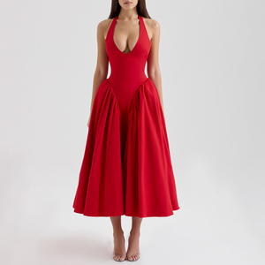 Abito Midi Rosso in Twill con Collo Halter per Donne, Elegante Vestito da Cocktail, Abito Elegante da Festa, Vendita all'Ingrosso - Product Image 2