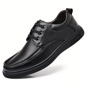 Zapatos casuales de cuero para hombre, con punta redonda, tacón bajo, antideslizantes, con cordones, para oficina, de primera capa de piel de vaca, estilo papá. - Product Image 4