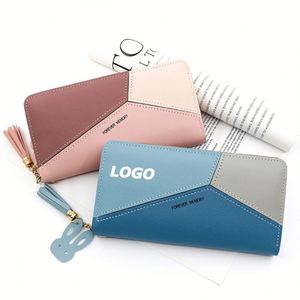 Portefeuille long en cuir PU pour femmes avec design bicolore, pochette zippée pour téléphone, cadeau promotionnel coréen élégant - Product Image 1