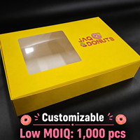 Boîte à donuts pliable en papier écologique jaune avec logo personnalisé, fenêtre transparente en PET, emballage pour pâtisserie, dessert à emporter