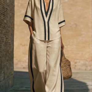 Set con finiture a contrasto per un brunch rilassato, <span class=keywords><strong>camicia</strong></span> casual con scollo a V <span class=keywords><strong>e</strong></span> <span class=keywords><strong>pantaloni</strong></span> a gamba larga - Product Image 1