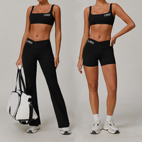 Ensemble de yoga dos nu à col carré avec pantalon évasé taille en V, tenue de yoga 2 pièces, ensemble de sport taille croisée pour femme