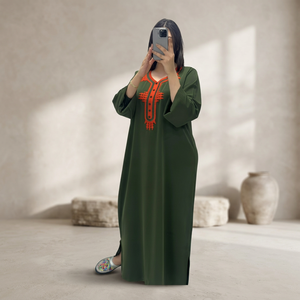 Moroccan Gandoura <b>Kaftan</b> Abaya Dress Women Long Sleeve Embroidered Maxi Gown Silk V Neck Flared Hem <b>Summer</b> Dubai Wear - Product Image 1