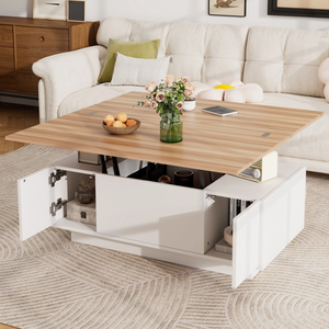 सफेद लकड़ी के पार्टिपलबोर्ड छिपे हुए भंडारण और 2 उठाने वाले प्लेटफार्मों के साथ कॉफी टेबल को उठाएं - Product Image 5