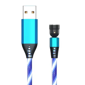 Usb Cable Phone Luminous Magnetic Charging Usb Cable 540 Degree Led Flowing 2.4A Mobile Phone Charger 3 In 1 Micro USB C Cable 1M 2M Free Logo