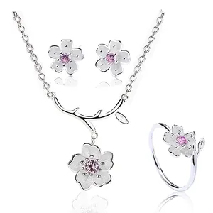 Set perhiasan bunga zirkon ungu elegan musim panas Set perhiasan wanita modis perak 925 bunga CZ cantik untuk wanita