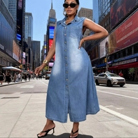 Robe longue en jean tendance Y6659 pour femme, col rabattu, sans manches, boutonnage simple, style rétro décontracté