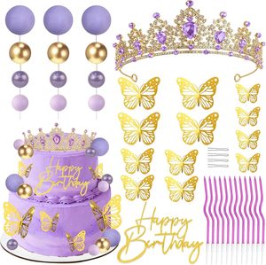 Décoration de gâteau Couronne Dorée en Gros avec Fleurs Bleues et Boules Dorées pour Fête Princesse Royale, Baby Shower, 1er Anniversaire Personnalisé - Product Image 3
