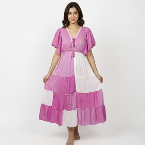 Robe longue trapèze à col en V avec design patchwork rose et blanc, robe d'été, vente en gros en ligne - Product Image 1