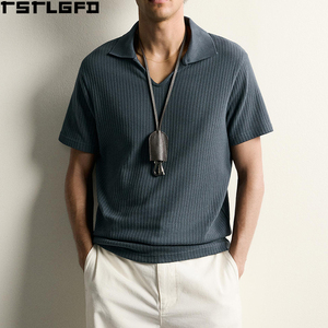 Polo de punto abierto con cuello Johnny para hombre, azul pizarra, manga corta, fabricantes de polos para hombre al por mayor - Product Image 1