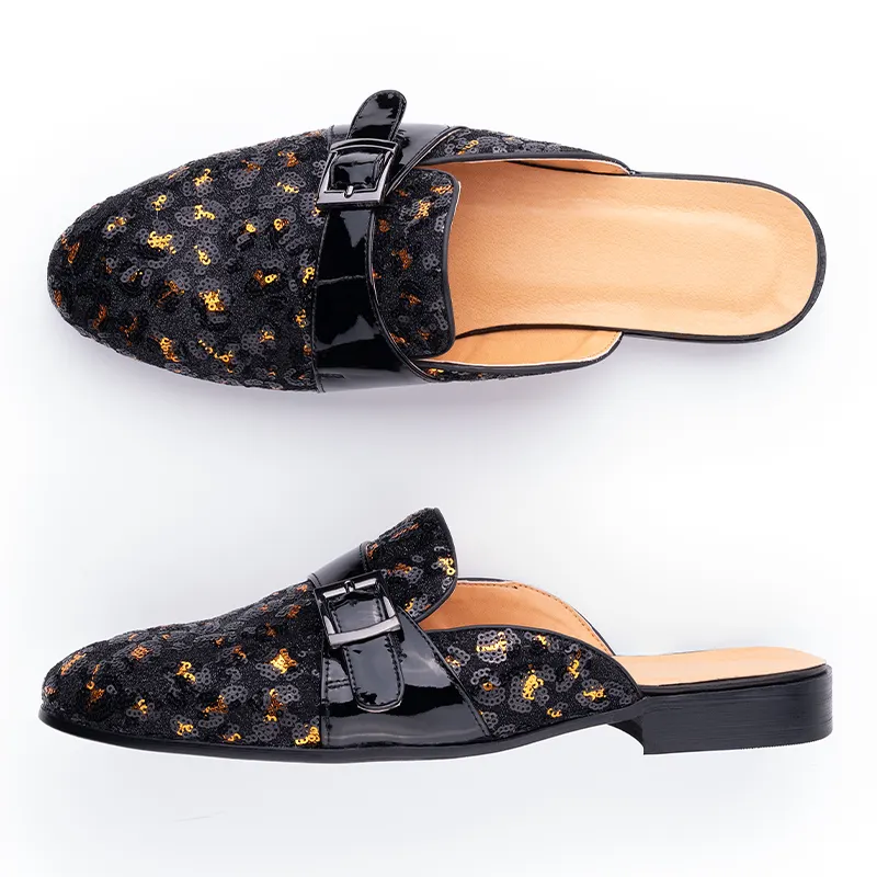 Nouveau design décontracté paillettes tissu hommes pantoufle noir rouge mocassins homme cacher orteils chaussures en plein air pantoufle