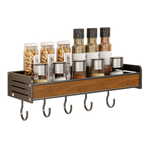 Wall Mounted Walnut Spice Rack With Hooks Multi Functional Seasoning Storage Shelf For Kitchen - Product Image 5