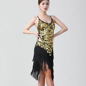 Robe de performance de danse latine pour femme, sexy, à paillettes, à sequins et à franges, col en V, dos nu, à ourlet asymétrique, style nuisette - Product Image 5