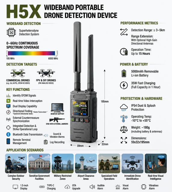 H5X Handheld Wideband RF Signal Detector 0-6GHz Portable Spectrum Scanner 3-5km Long Range Wireless Signal Analyzer Device