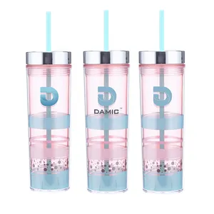 Vaso delgado de plástico con paja, personalizado, acrílico, doble pared, aislado, 16 oz, venta al por mayor