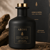 Arovi - Ensemble diffuseur de parfum noir de luxe 250 ml, parfum d'ambiance cèdre et santal, flacon mat avec bouchon doré, coffret cadeau personnalisé et parfum