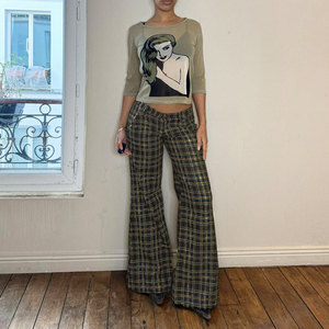 Pantalones de Lona Transpirables y Ecológicos a Cuadros, Estilo Vintage Clásico, Corte Holgado, Frente Plano, Pierna Ancha Relajada, Tiro Bajo, Casuales de Otoño - Product Image 3