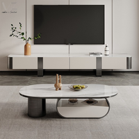 Table basse moderne de luxe en acier inoxydable doré avec plateau en marbre Calcutta Viola et tiroir, ensemble de tables basses en pierre frittée