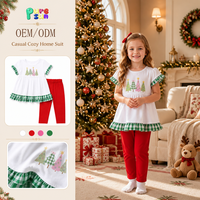 Puresun OEM/ODM Effen Broek Kerstboom Applicatie Geruite Volant 100% Katoen Fabriek Groothandel Meisjes Kledingsets 6-12 Jaar