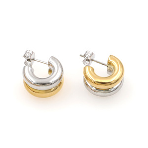 Trendy Two-Tone C-Shaped Huggie Earrings Geometric Stainless Steel For Women - Product Image 5