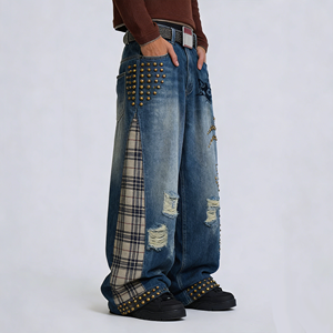 Pantalones <span class=keywords><strong>vaqueros</strong></span> de mezclilla <span class=keywords><strong>para</strong></span> <span class=keywords><strong>hombre</strong></span> al por mayor, <span class=keywords><strong>con</strong></span> patchwork, paneles a cuadros, bordados, remaches, lavado a la piedra, pierna recta, estilo Y2K, directo de fábrica - Product Image 1