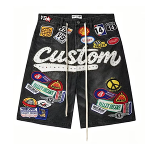 Pantalones Cortos Vaqueros Personalizados con Bordado, Pedrería y Parches, Estilo Vintage, Rasgados, de Pierna Recta, Transpirables, Casuales, con Efecto Desgastado - Product Image 2
