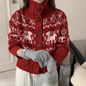 Vintage Christmas Red Flip Collar Double Open button Jacquard Design Thickened Women's Turtleneck Sweater Cardigan