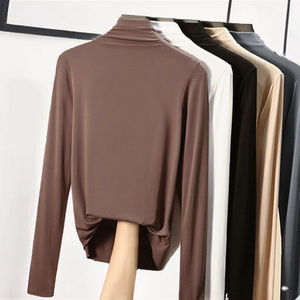 Camisetas de Cuello Alto Ajustadas para Mujer, Camisetas Casuales de Algodón Transpirables, Ropa Sexy para Club, para Primavera y Otoño, Tejido Liso Teñido - Product Image 3