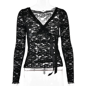 Lace See-Through V-Neck Top For Women Solid Color Polyester Long Sleeve Crop Top Sexy Lingerie Costume - Product Image 5