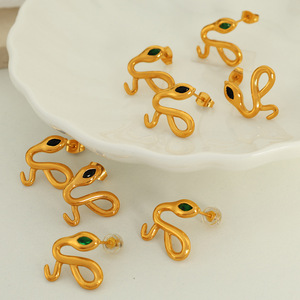 Pendientes con Forma de Serpiente, Chapados en Oro de 18K, con Piedra Verde, Diseño Animal, Joyería de Moda - Product Image 3