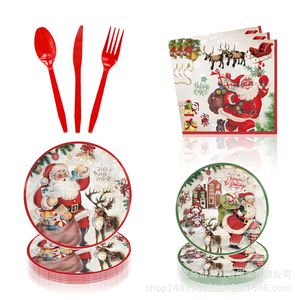 Ensemble de vaisselle jetable pour fête de Noël, assiettes en papier, serviettes, couverts, thème Père Noël, design de dessin animé pour les célébrations de Noël - Product Image 1