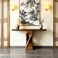 Table console en bois massif, table d'entrée naturelle, base torsadée sculpturale, meuble de couloir de style chinois, table d'appoint décorative