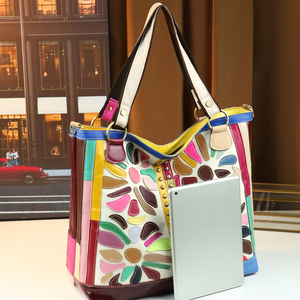 Sac fourre-tout vintage français de style nouveau, coloré, patchwork, perlé, en cuir véritable, grande capacité, pour femmes - Product Image 4