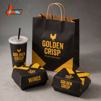 Ensemble d'emballages en papier personnalisés pour la restauration rapide, boîte à poulet frit, sac en kraft, porte-frites, noir et or, marquage de la marque de restaurant