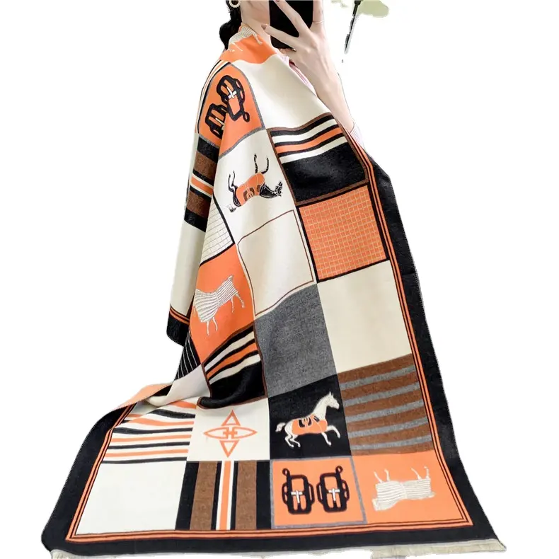 Оптовая продажа, осенне-зимние шарфы, Европейский Американский женский кашемировый шарф с рисунком лошади, теплые толстые шали