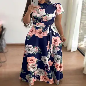 New Fashion Women Summer Short Sleeve Dresses Floral Print Women's Stand Collar A-line Casual Maxi Long Dress