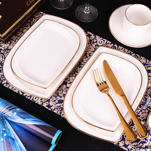 Gold-Rimmed Ceramic Snacks Plate Leaf-Shaped Big-Eyed Rectangular Design Disposable Party <b>Sets</b> Size Pattern Type for Hotels - Product Image 1