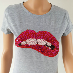 <strong>Women's</strong> White Cotton <strong>T</strong> <strong>Shirt</strong> Sequin Red Lips Short Sleeve Crew Neck Trendy Streetwear Top <strong>Funky</strong> Party Club Fashion Tshirt - Product Image 3