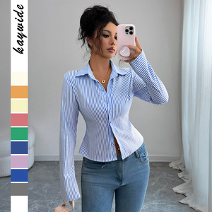 Camicie <span class=keywords><strong>eleganti</strong></span> da donna a righe a maniche lunghe camicia con bottone per donna aderenti camicetta da donna - Product Image 1
