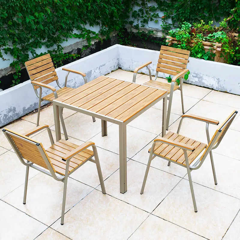 أثاث فناء خشبي من خشب الساج طاولة خارجية مع مجموعة مقاعد طاولة طعام للحديقة مجموعة من 4 كراسي