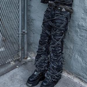 بنطلون بنطلون عالي الجودة للرجال نحيف مشتعل بشعار مخصص مكدس فضفاض ضمادة استغاثة ممزق أسود جينز للرجال - Product Image 4