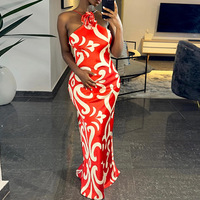 Nouvelle Robe Longue Sexy Sans Manches à Col Halter avec Fleurs 3D et Effet Enveloppant sur les Hanches pour Fête d'Anniversaire