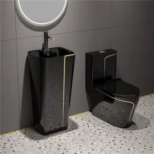 Modern yuvarlak tuvalet kase ayaklı lavabo seramik tek parça siyah klozet sıhhi tesisat lüks seramik siyah renk tuvalet seti