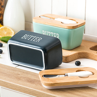 Beurrier en céramique de 500 ml pour la cuisine, ensemble de récipients rectangulaires pour le stockage du beurre avec couteau et couvercle en bambou.