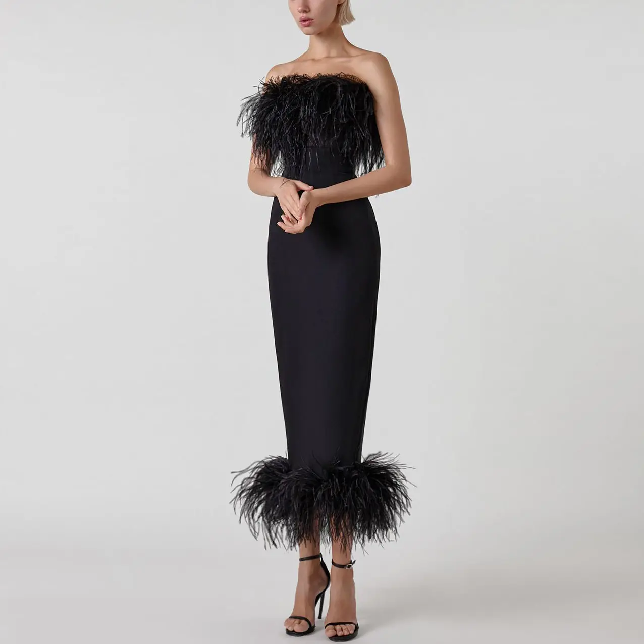 Designer women off shoulder sleeveless long maxi bodycon elegant black ostrich feather tube skims party dress