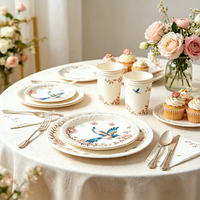 Kit de Vaisselle Jetable de Luxe à Motifs Floraux et d'Oiseaux, Assiettes, Gobelets, Serviettes et Couverts en Papier Écologique 100% Pâte de Bois Vierge