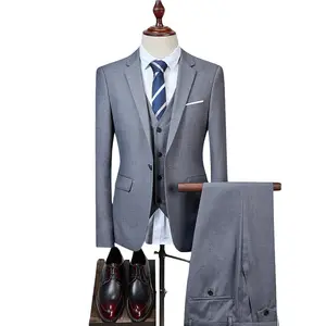 男性单扣运动夹克长裤长裤背心基本风格休闲纯色3件套男士灰色套装